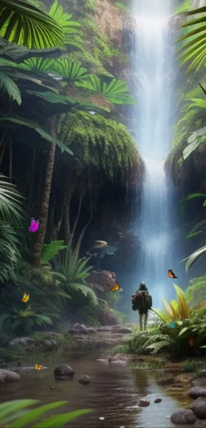 Jungle waterfall with lush greenery and butterflies.