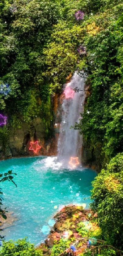 Serene jungle waterfall with lush green foliage and turquoise water.