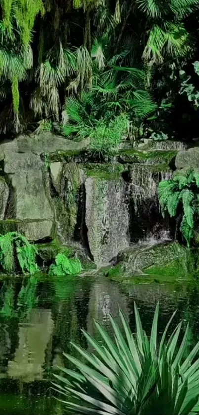 Jungle waterfall with green foliage and a calm pond.