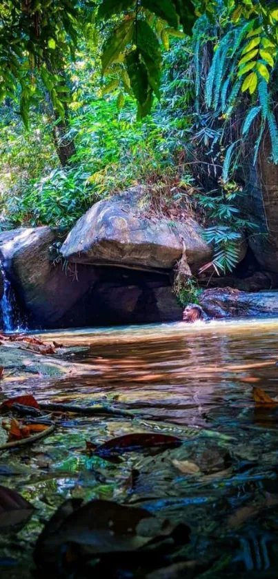 Serene jungle waterfall with lush greenery.