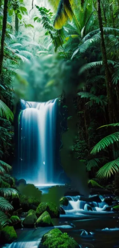 Serene jungle waterfall with lush green foliage.