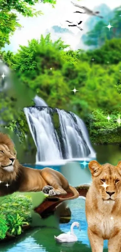 Serene jungle scene with waterfall and wildlife.