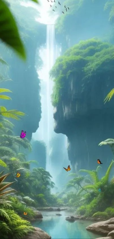 Lush jungle with waterfall and butterflies mobile wallpaper.