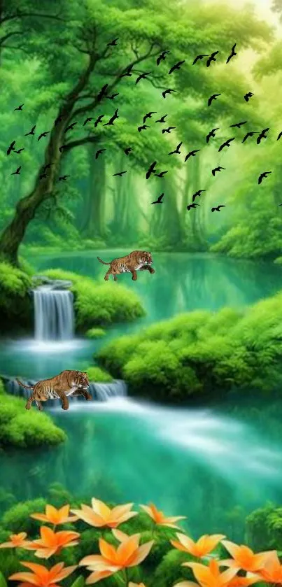 Serene jungle waterfall with tigers and vibrant green foliage for mobile wallpaper