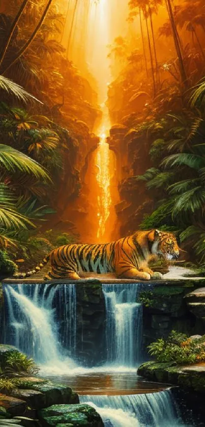 Tiger resting by a waterfall in a jungle landscape