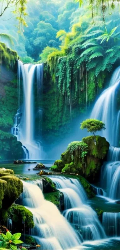 Lush jungle waterfall wallpaper with vibrant greenery.