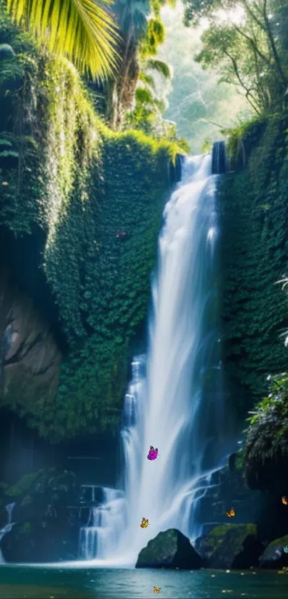 Serene jungle waterfall with lush greenery and cascading water.