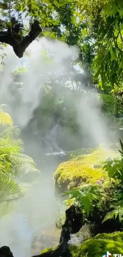 Lush jungle with a serene waterfall and mist.