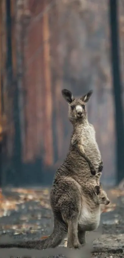 Kangaroo in a serene forest setting with towering trees.