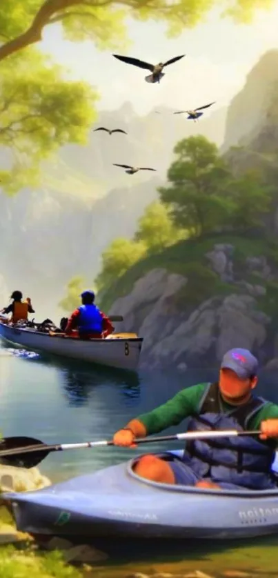 Kayakers paddling on a tranquil river in lush nature.