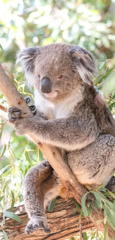 Koala peacefully resting on eucalyptus tree branch with green leaves.