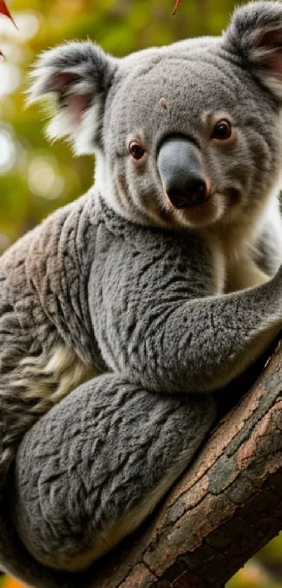 Koala sitting on a tree surrounded by leaves.