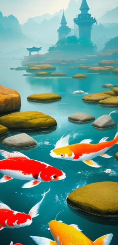 Colorful koi fish swim in a mystical lake under a distant castle.