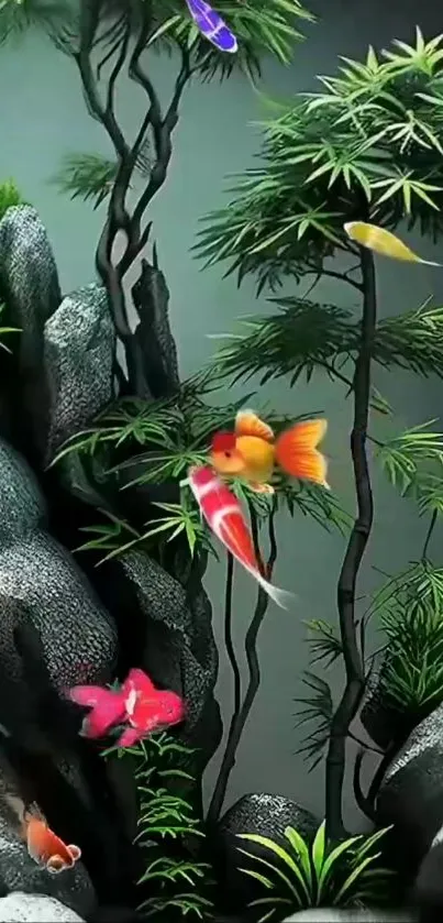 Serene koi fish swimming among lush greenery and rocks.