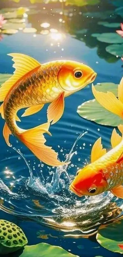 Two vibrant koi fish swimming among lotus blooms and lily pads.