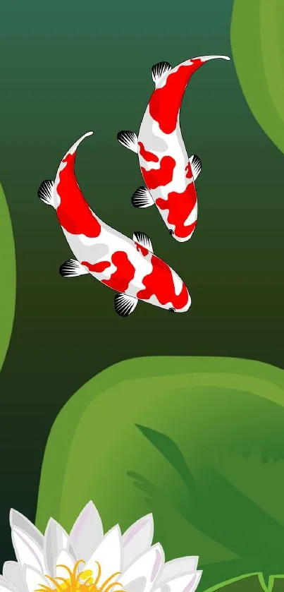 Koi fish swimming in a serene pond with lotus leaves and blossoms.