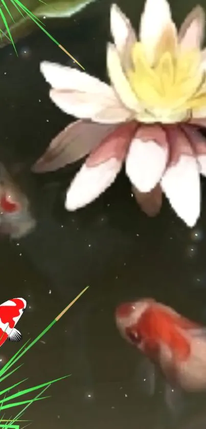 Koi fish swim gracefully around a blooming water lily in a serene pond.