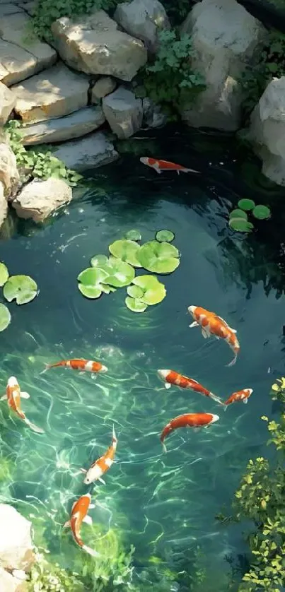 Koi fish swimming in a tranquil pond with green lily pads.