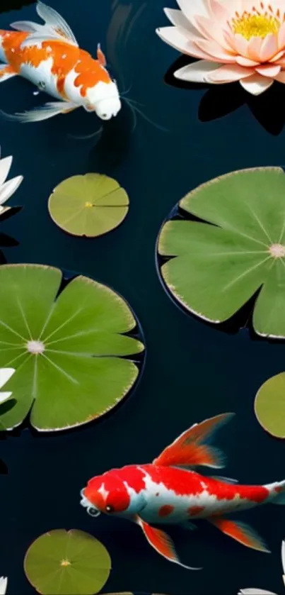 Colorful koi fish swimming in a pond with lotus flowers and lily pads.