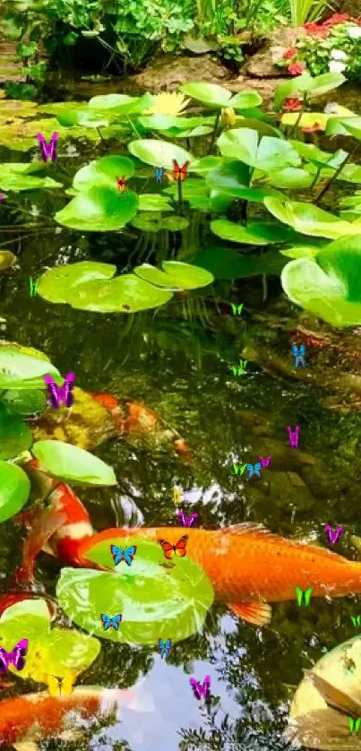 Vibrant koi pond surrounded by lush green foliage and a gentle waterfall.