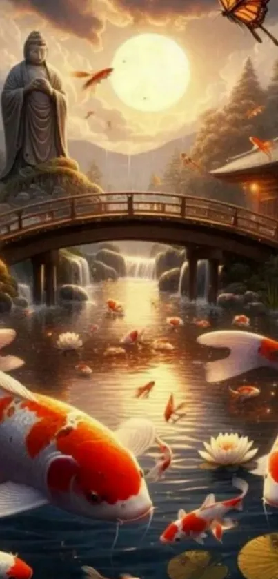 Koi fish swim in a tranquil pond under a zen Buddhist statue and moonlit sky.
