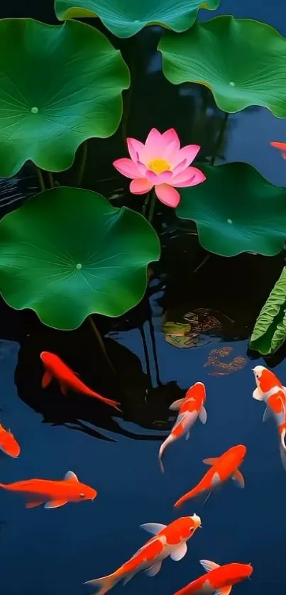 Koi fish and lotus flower in tranquil pond.