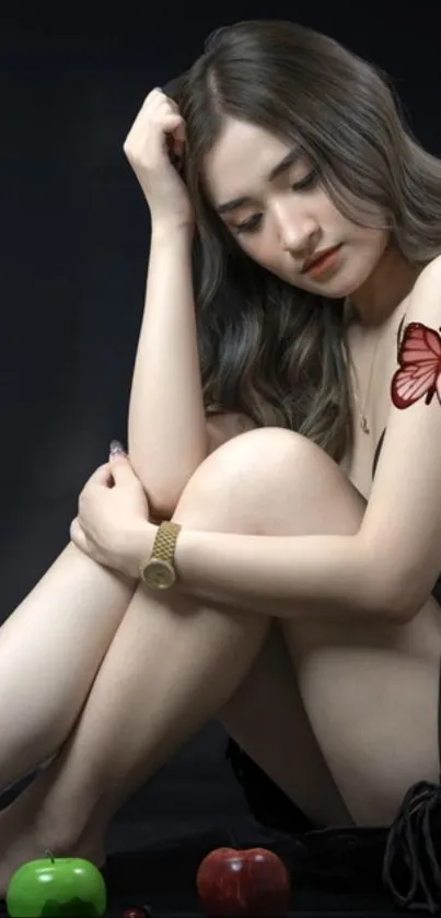 Lady with a butterfly tattoo on a dark background, posing elegantly.