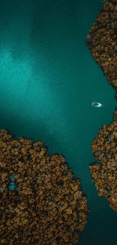 Aerial view of serene lake with boat and brown foliage.