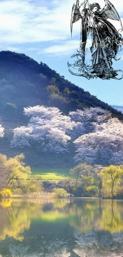 Serene lake with blossoms and angel illustration wallpaper.