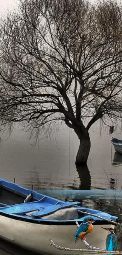 Serene lake view with boats and birds in a tranquil setting.