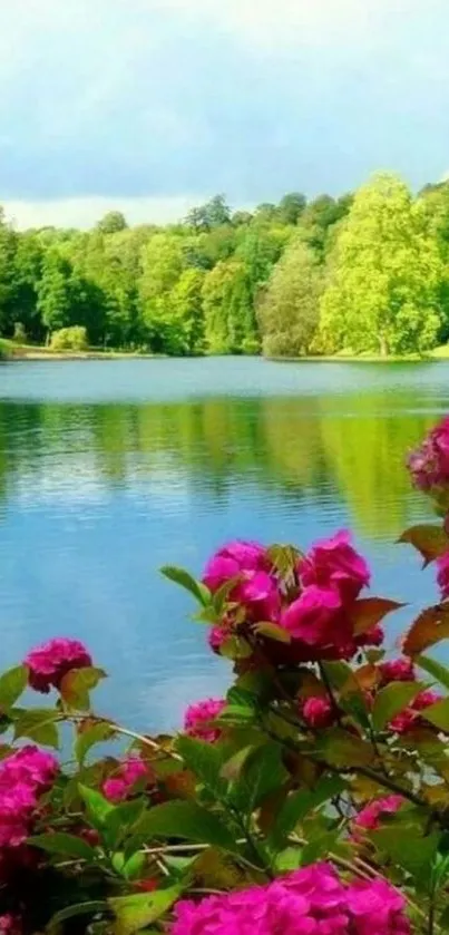 Tranquil lake and vibrant flowers mobile wallpaper.