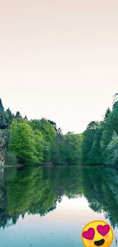 Serene lake reflecting forest and rock.