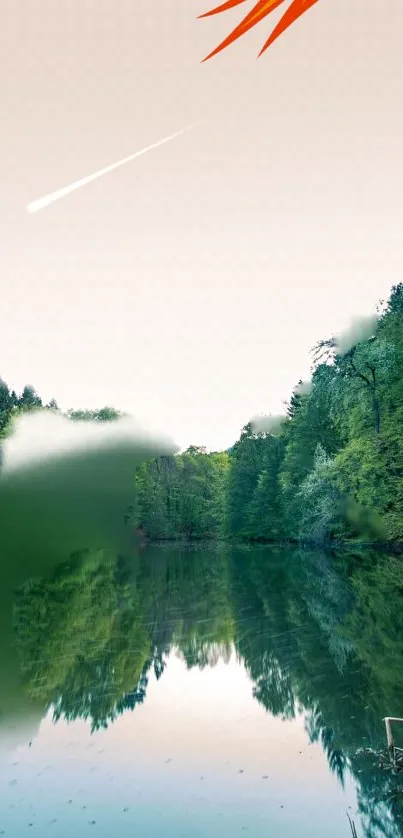 Serene lake with lush forest and rocky cliffs reflecting in calm waters.