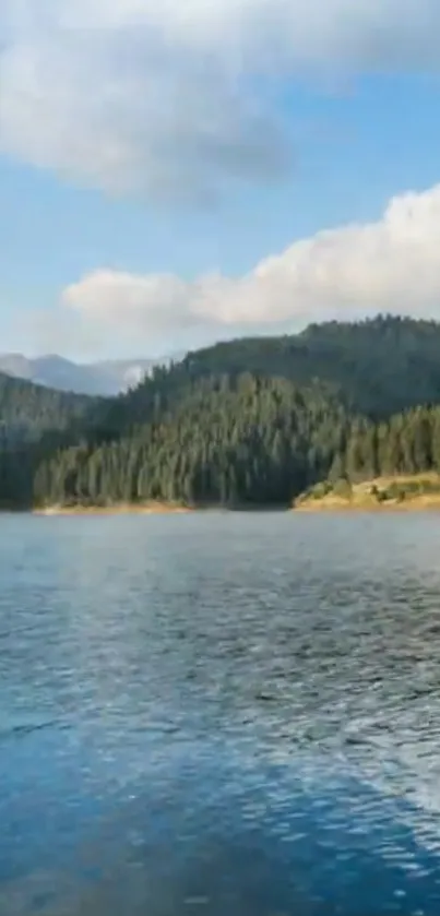 Scenic lake surrounded by forested mountains under a clear blue sky.