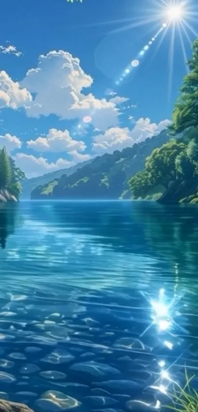 Serene lake with forest and sunlight reflections.