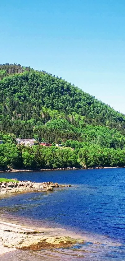 Serene lake view with lush green hills and clear blue sky.