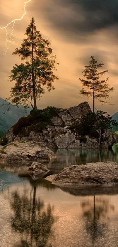 Serene lake with trees and lightning in a mountainous landscape.