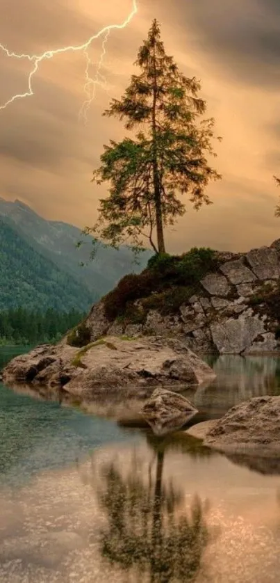 Serene lake with trees and lightning in background.