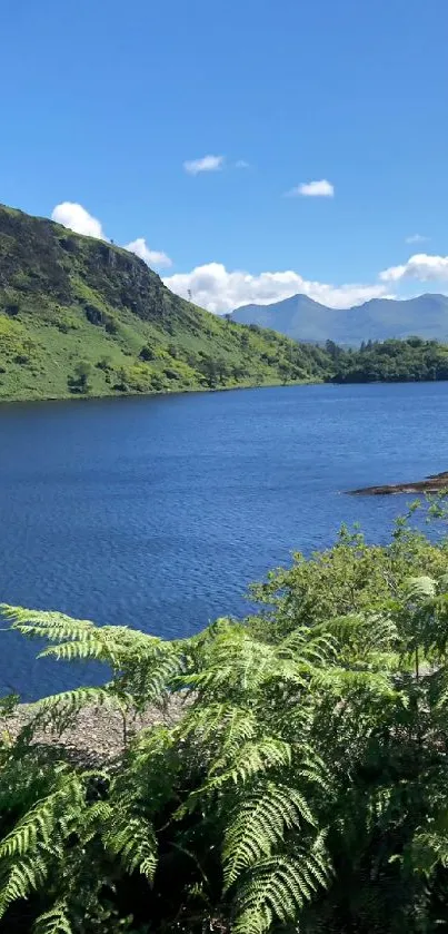 Scenic view of a peaceful lake with mountains under a blue sky.