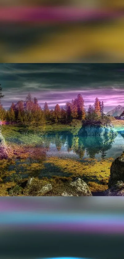 Scenic lake with mountains and vibrant sky.