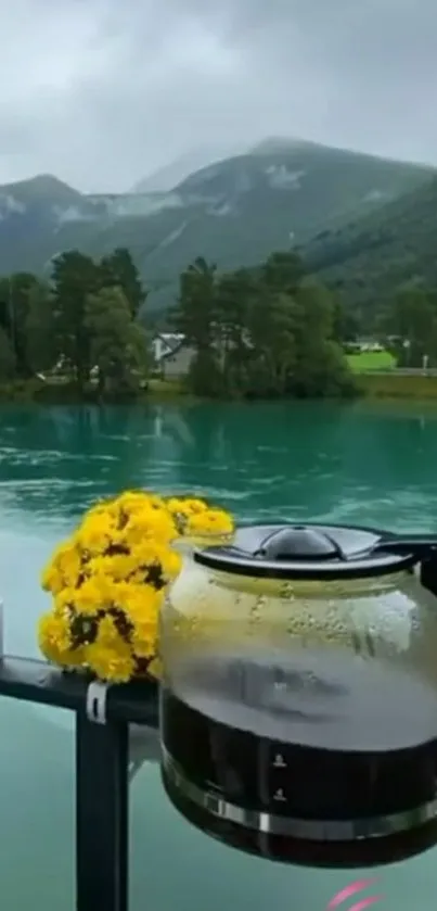 Tranquil lake and mountain scene with coffee.