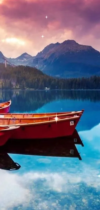 Serene lake with mountains and boats at sunset.