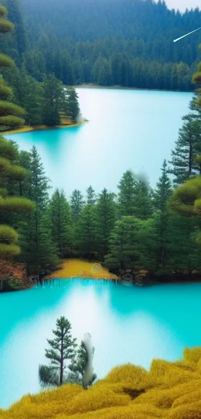 A serene lake surrounded by pine trees and turquoise waters.