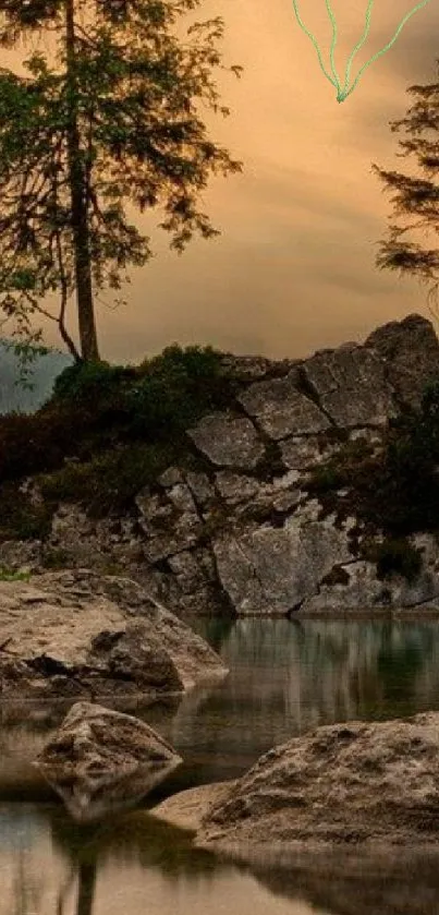 Serene lake with pine trees at sunset.