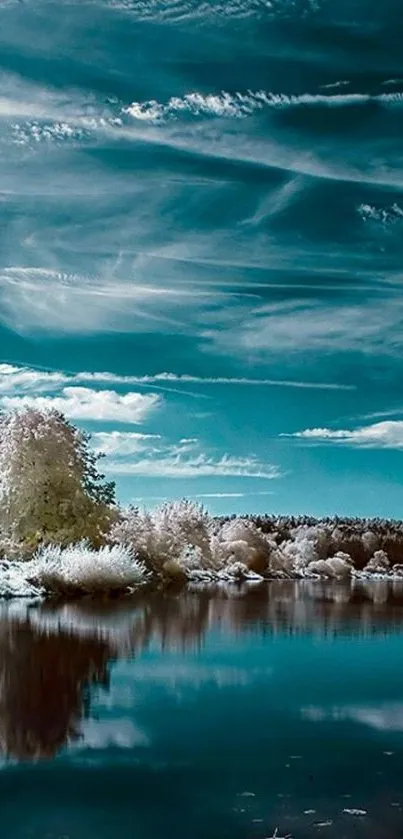 Serene lake with reflective teal-blue sky and forest background.