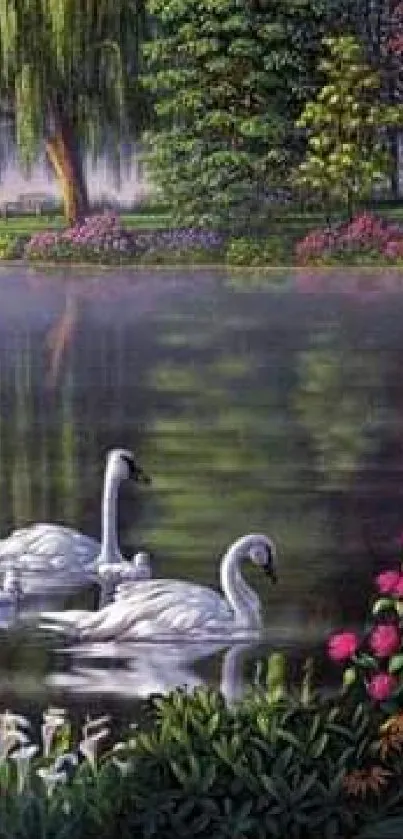 A tranquil lake scene with swans and vibrant flowers in the foreground.