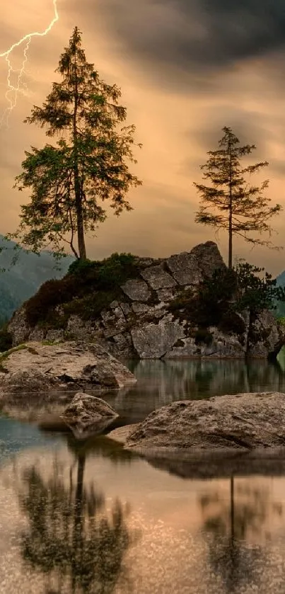 Tranquil lake and trees with a warm sunset sky and distant lightning.