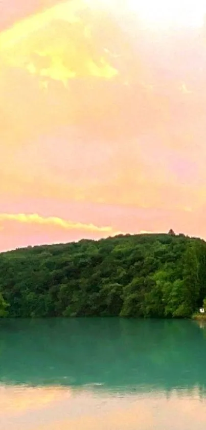 Peaceful lake with sunset and lush green hills, capturing nature's beauty.