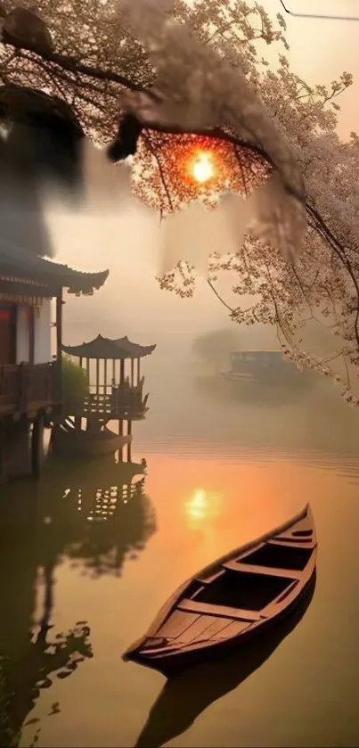 Serene sunset lake with cherry blossoms and a wooden boat reflecting on water.