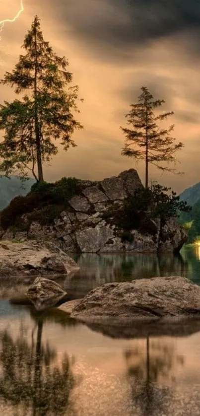 Silhouette of two trees on a lake at twilight with a dramatic sky.